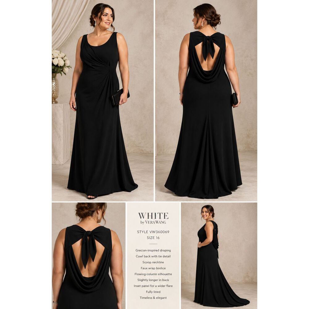 WHITE by Vera Wang Grecian Column Gown Black Draped Cowl Back Grecian Goddess 16